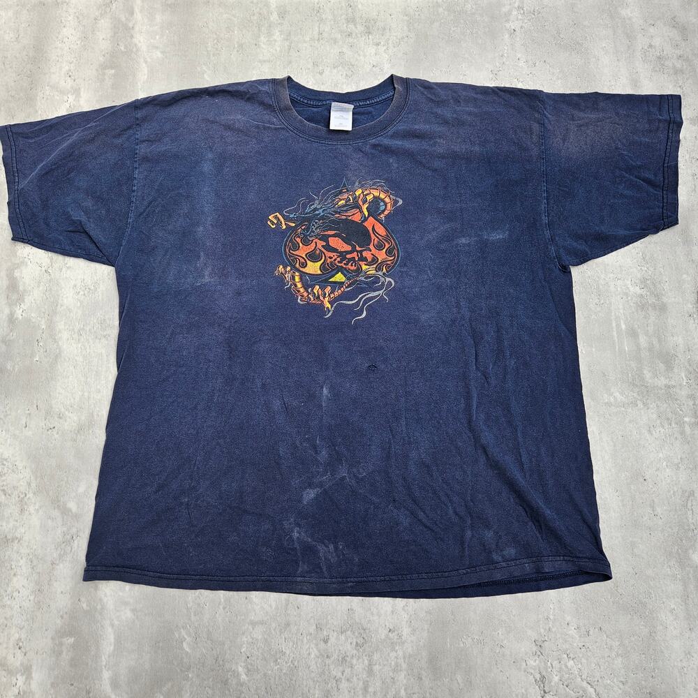 Vintage Y2K Utility Mens Blue Dragon Graphic T Shirt Skater Size XXL